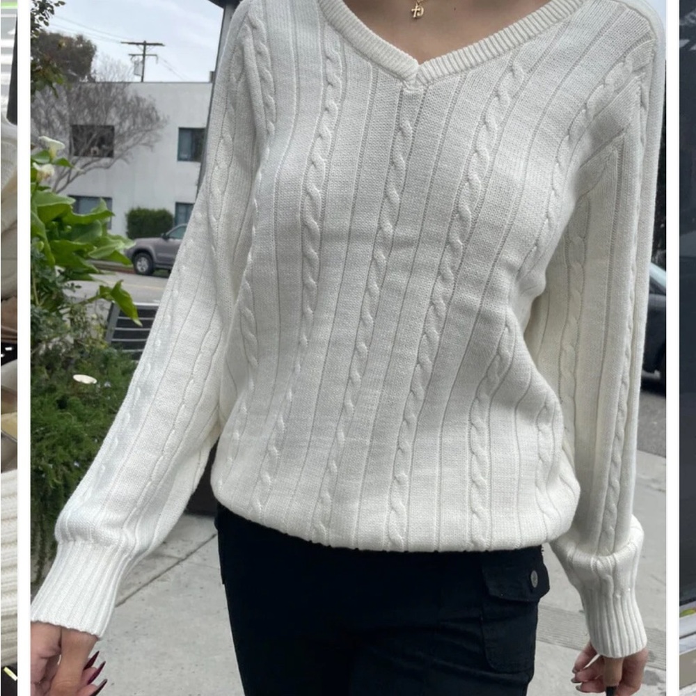White Ida Cotton cable v-neck sweater